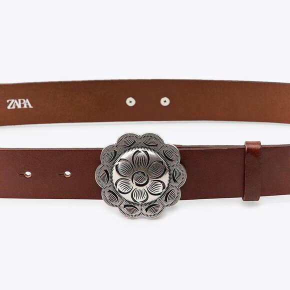 NWT ZARA LEATHER BELT WITH METAL FLOWER BROWN - Picture 3 of 4